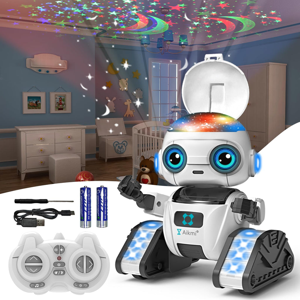 Robot Toys for Kids 5-7, Rechargeable Remote Control Robot with Projector Night Light for Kids, Gesture Sensor, Music, Toys for 6 Year Old Boys Girls Birthday Present Boy Toy (White)
