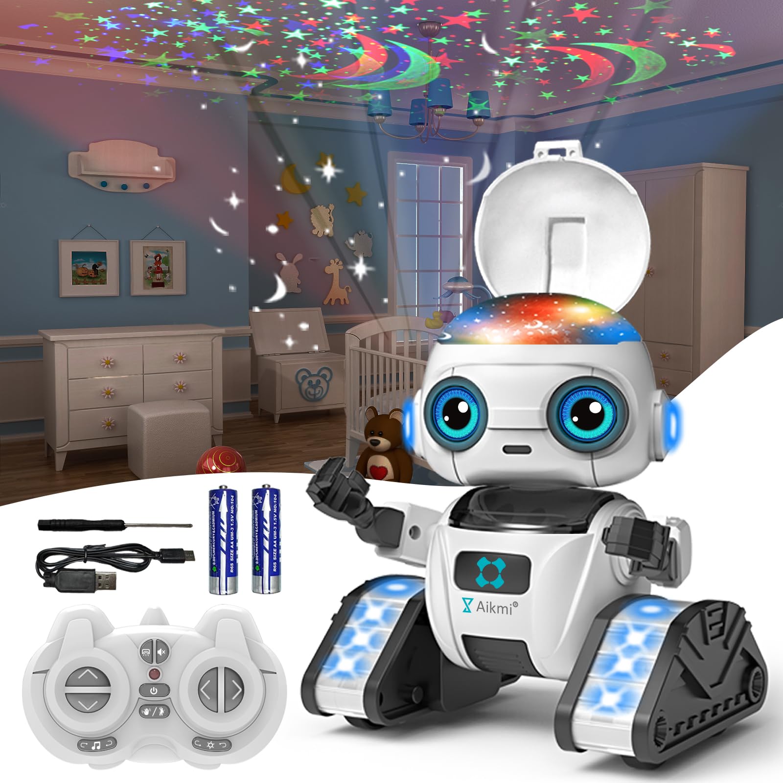 Robot Toys for Kids 5-7, Rechargeable Remote Control Robot with Projector Night Light for Kids, Gesture Sensor, Music, Toys for 6 Year Old Boys Girls Birthday Present Boy Toy (White)