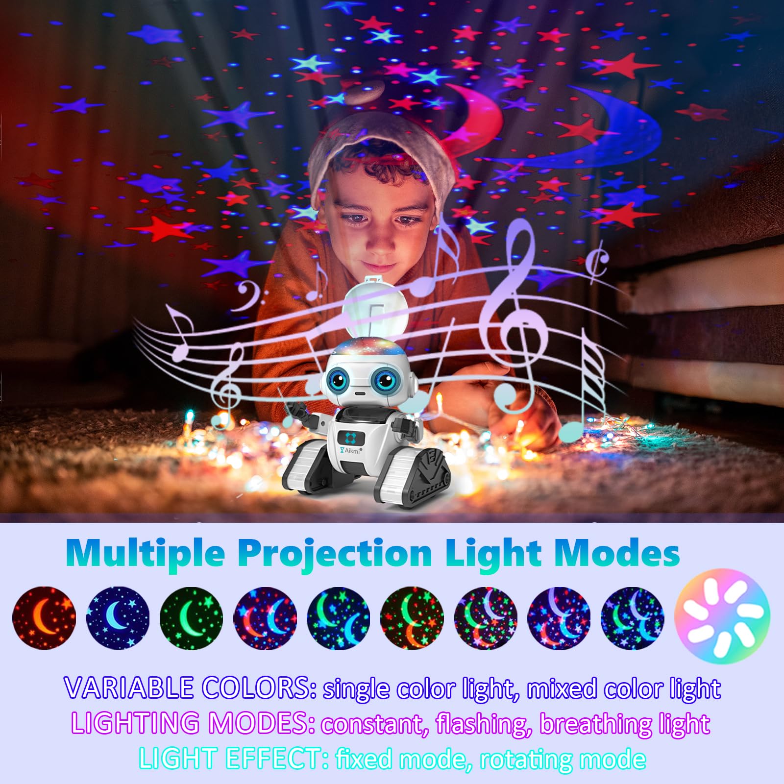 Robot Toys for Kids 5-7, Rechargeable Remote Control Robot with Projector Night Light for Kids, Gesture Sensor, Music, Toys for 6 Year Old Boys Girls Birthday Present Boy Toy (White)