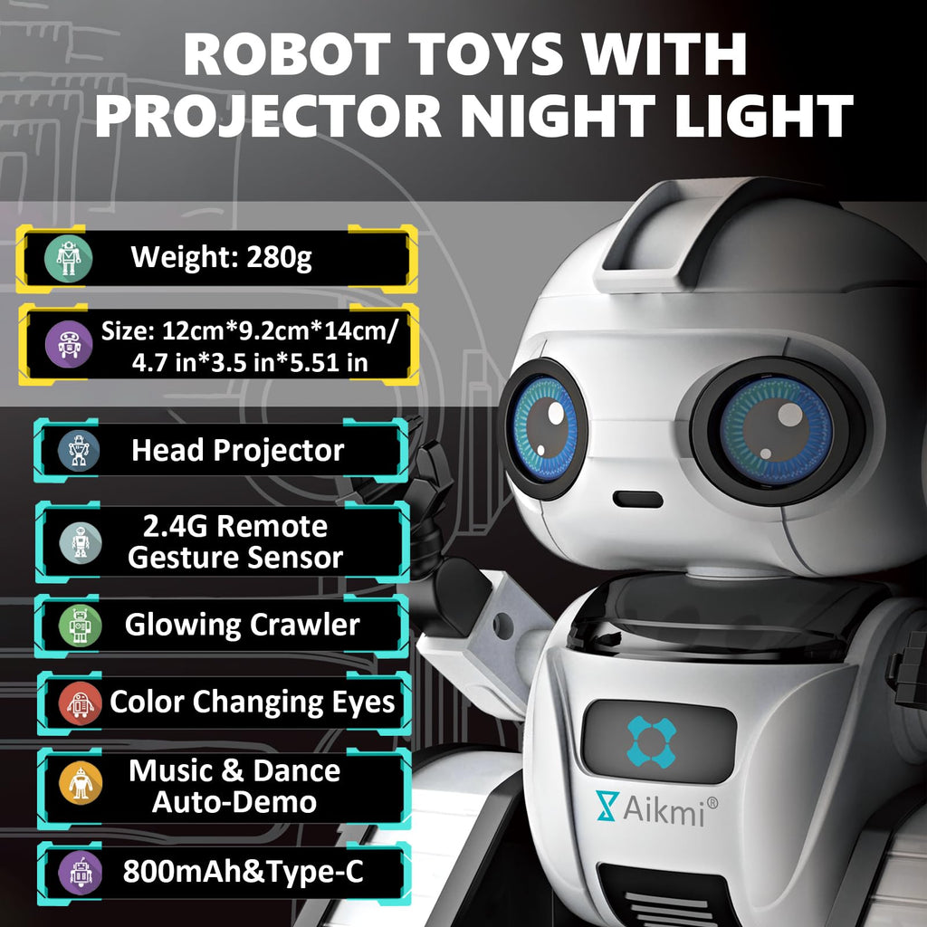 Robot Toys for Kids 5-7, Rechargeable Remote Control Robot with Projector Night Light for Kids, Gesture Sensor, Music, Toys for 6 Year Old Boys Girls Birthday Present Boy Toy (White)