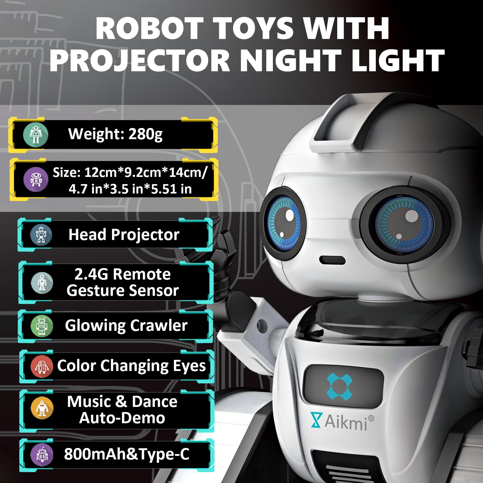 Robot Toys for Kids 5-7, Rechargeable Remote Control Robot with Projector Night Light for Kids, Gesture Sensor, Music, Toys for 6 Year Old Boys Girls Birthday Present Boy Toy (White)