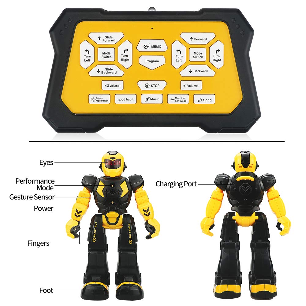 Remote Control Robot for Kids - Intelligent Programmable Toy With Infrared Controller, Dancing, Singing, Moonwalking, LED Eyes, and Gesture Sensing - Children's Entertainment Kit (Yellow)