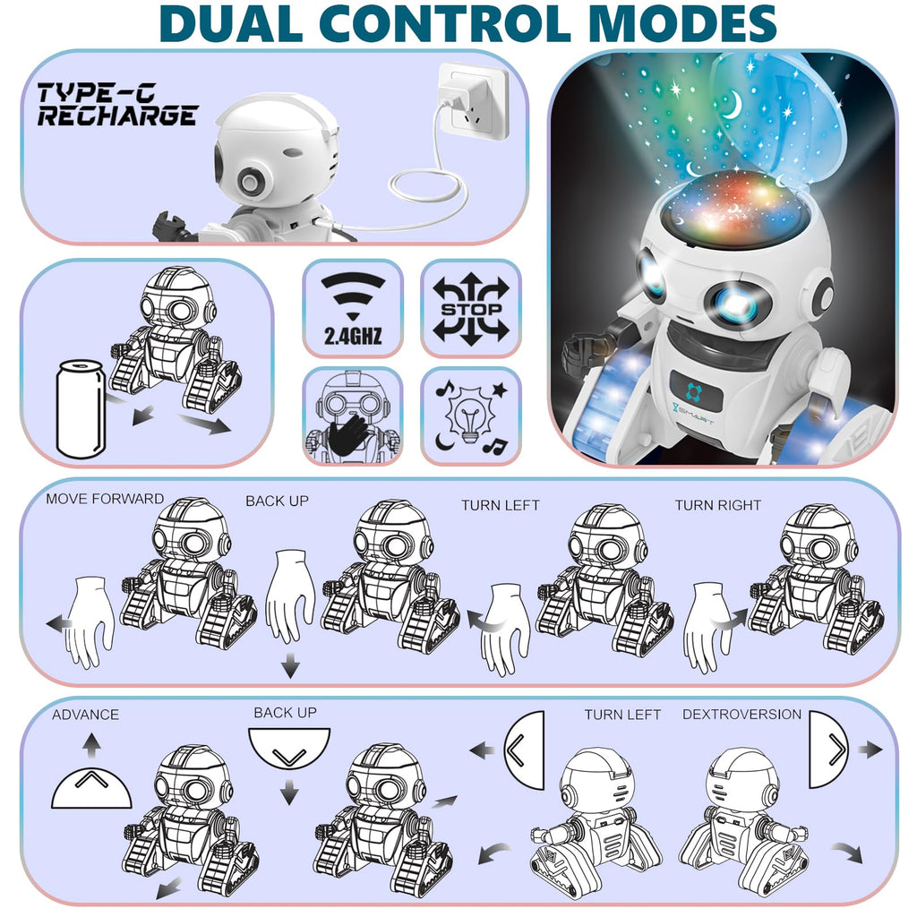 Robot Toys for Kids 5-7, Rechargeable Remote Control Robot with Projector Night Light for Kids, Gesture Sensor, Music, Toys for 6 Year Old Boys Girls Birthday Present Boy Toy (White)